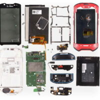 Gigapixel teardown image of a Zebra TC67HO enterprise handheld computer, showing the logic board, battery, barcode scanner module and flex cable assemblies
