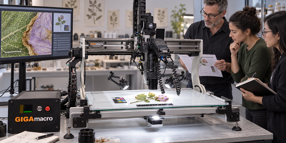 Scientists discuss an image capture brief in the lab
