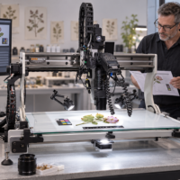 Scientists discuss an image capture brief in the lab