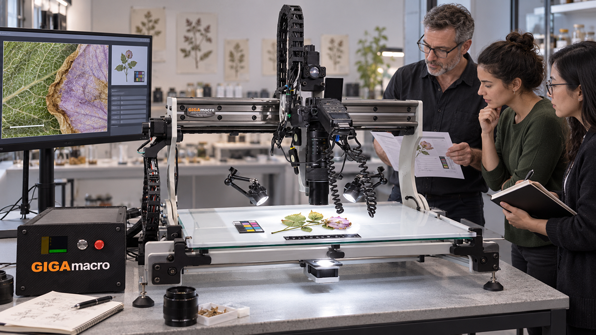 Scientists discuss an image capture brief in the lab