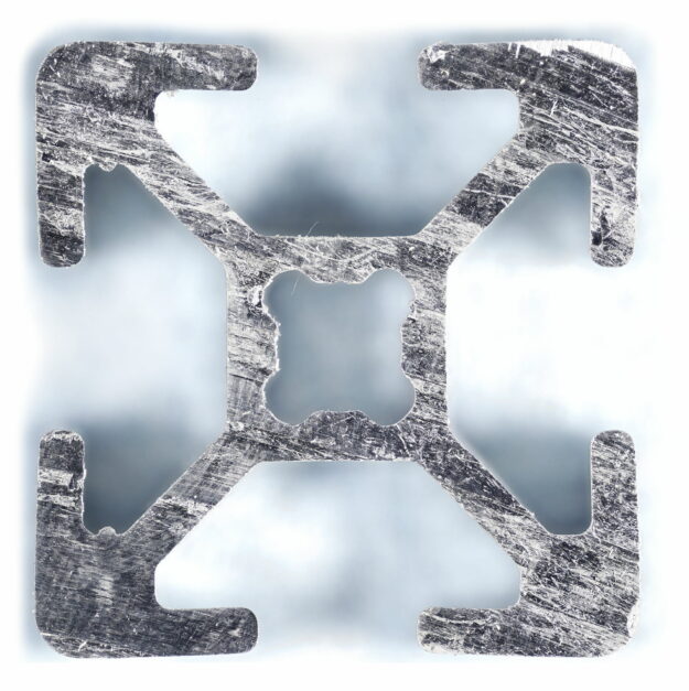 Gigapixel image of an aluminum 8020 2020 extrusion cross-section showing T-slot geometry for blog post " Set the Resolution"